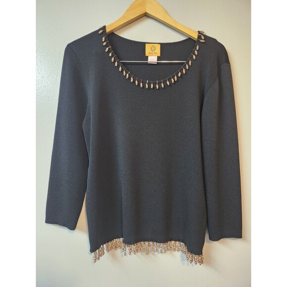 Ruby Rd Womens Large Black Beaded 3/4 Sleeve Knit Top - Picture 1 of 7
